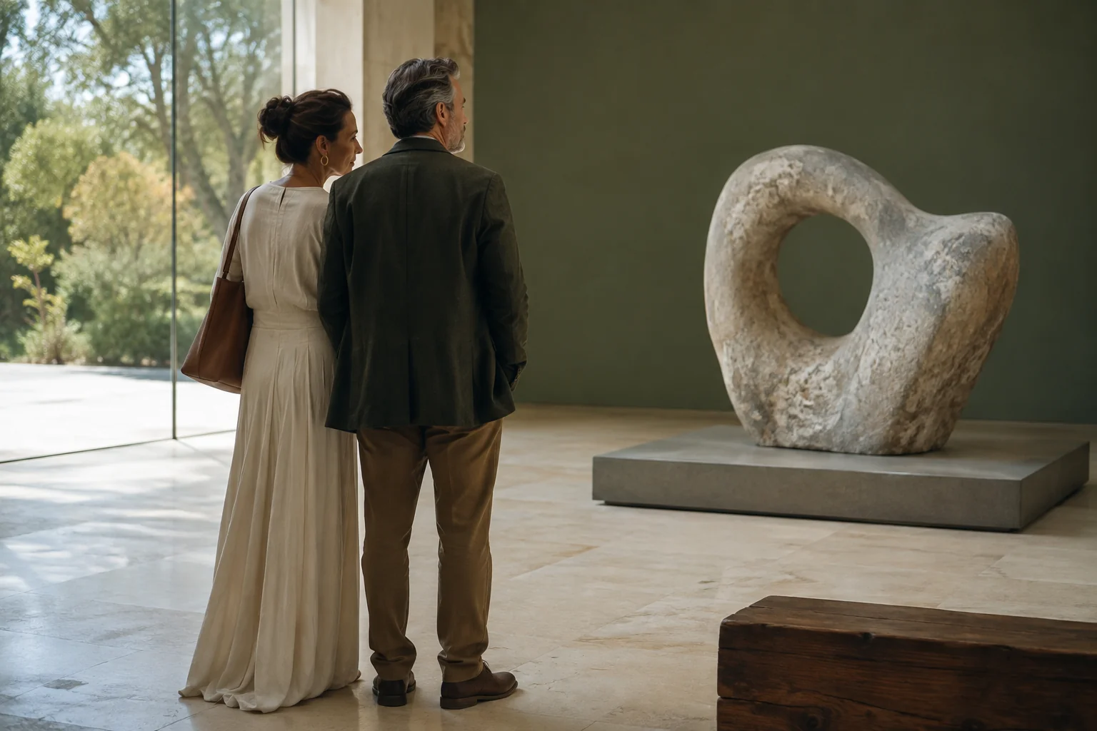 Adult couple considering a stone sculpture in a quiet modern gallery