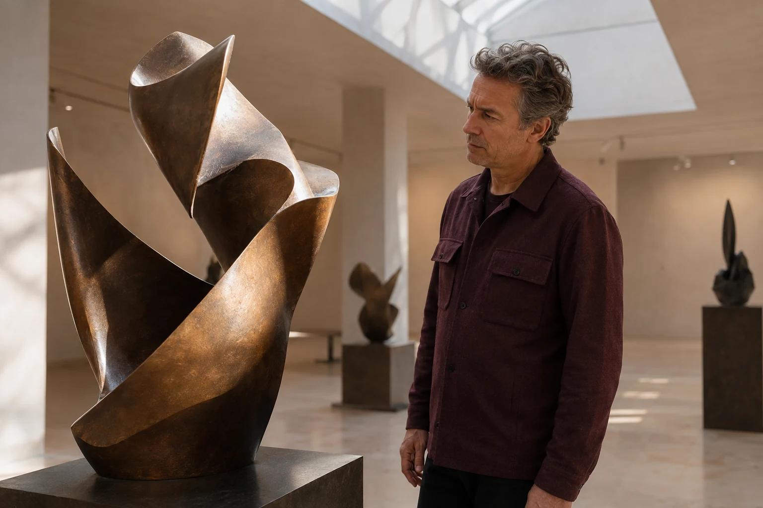 A man looking at a bronze sculpture in a light-filled gallery
