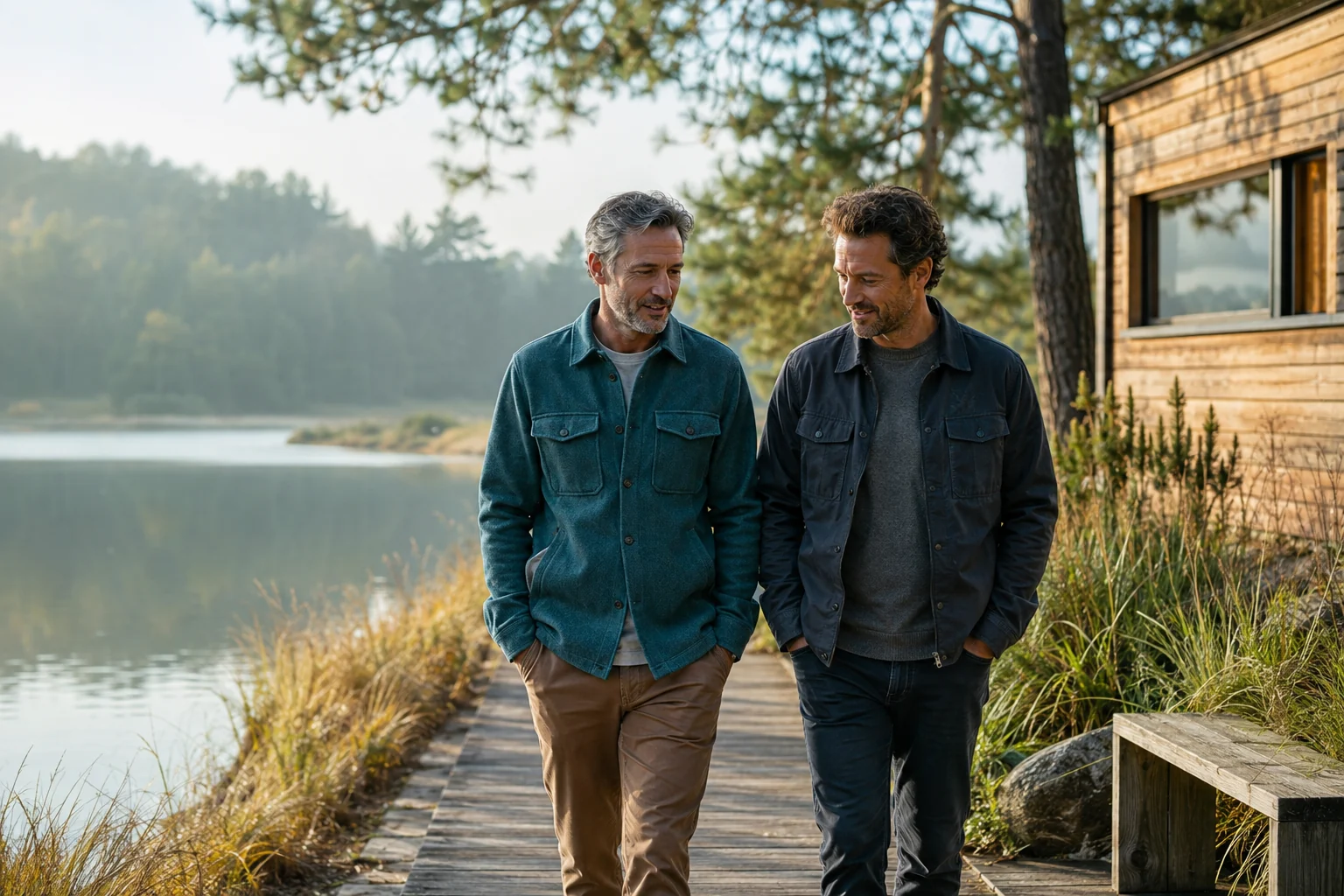 Two mature friends having a relaxed conversation beside a lake