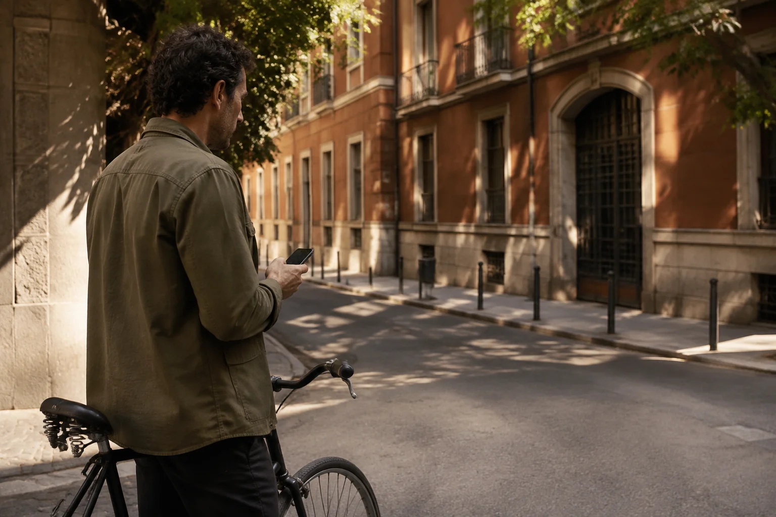 Man beside a bicycle checking his phone before a journey on a quiet street