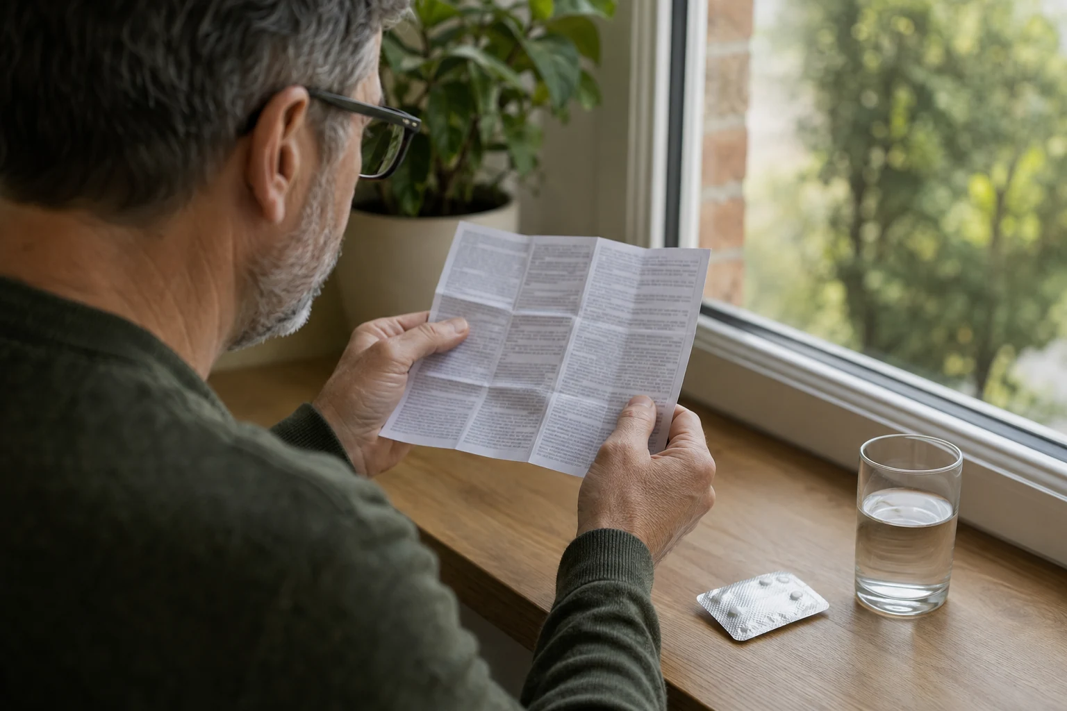 Man wearing reading glasses examining a medicine leaflet beside a kitchen window