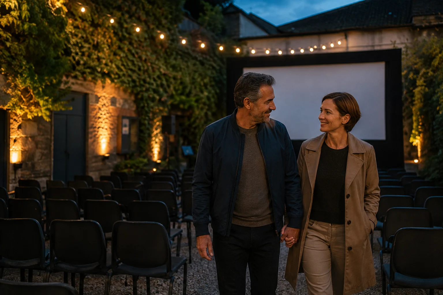 An adult couple enjoying an outdoor cinema courtyard before the screening