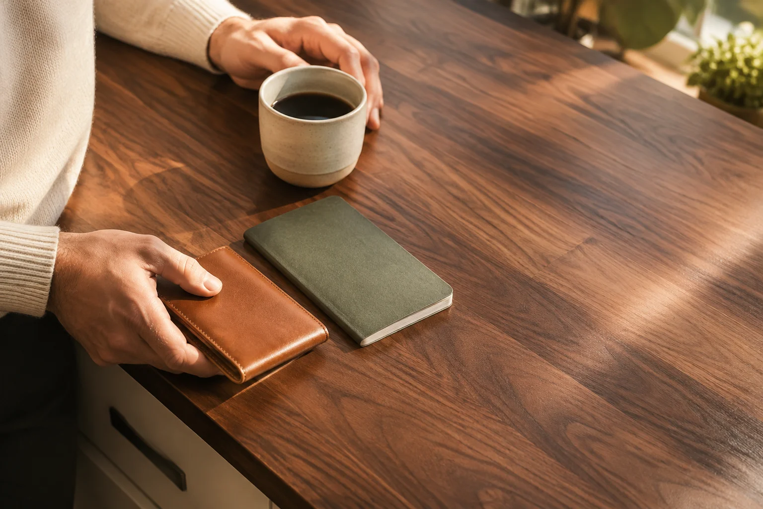 A man setting a leather wallet beside a notebook and coffee on a sunlit wooden counter