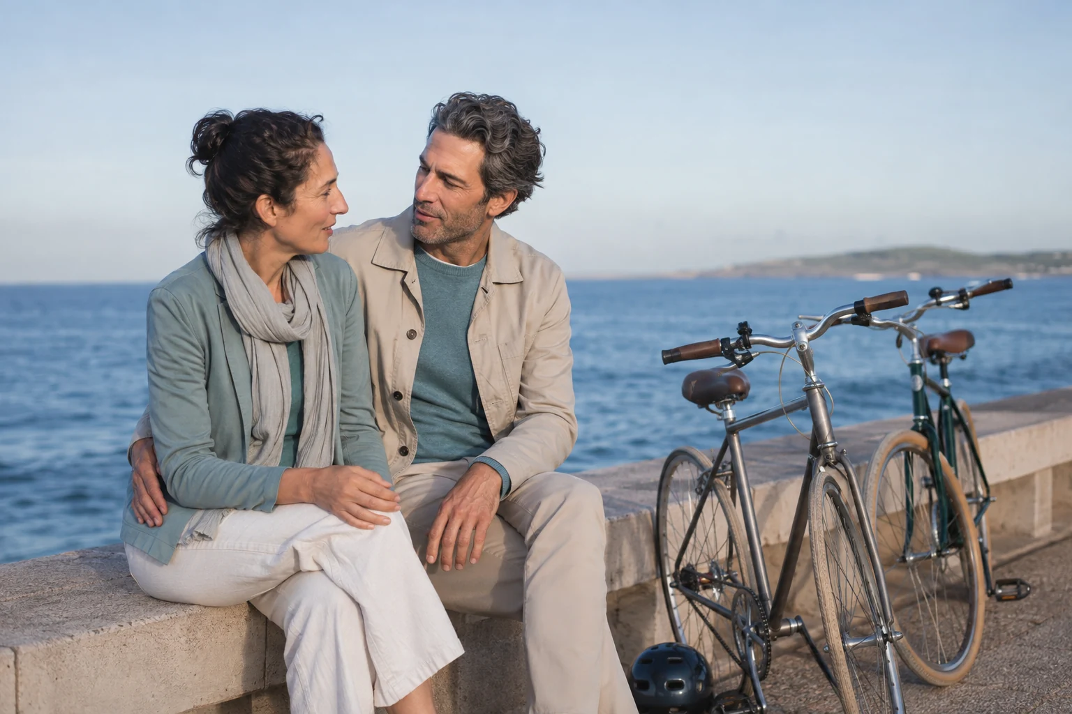 A couple talking beside their bicycles on a quiet seaside promenade