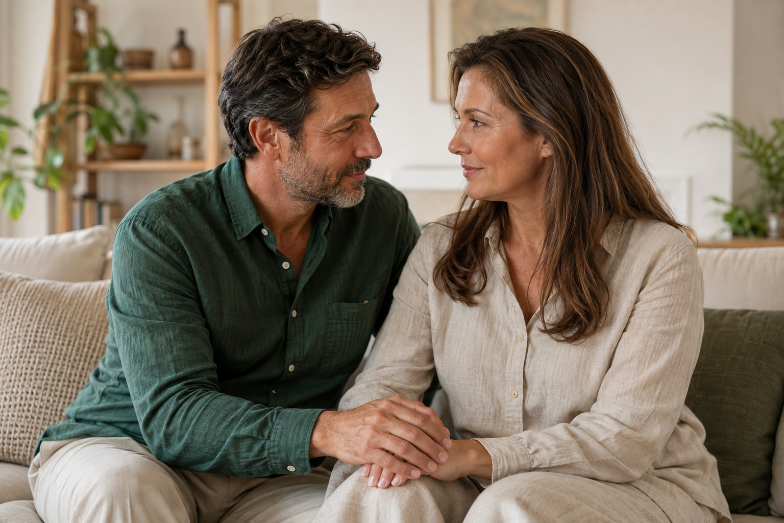 Mature couple holding hands and talking together on a cream sofa