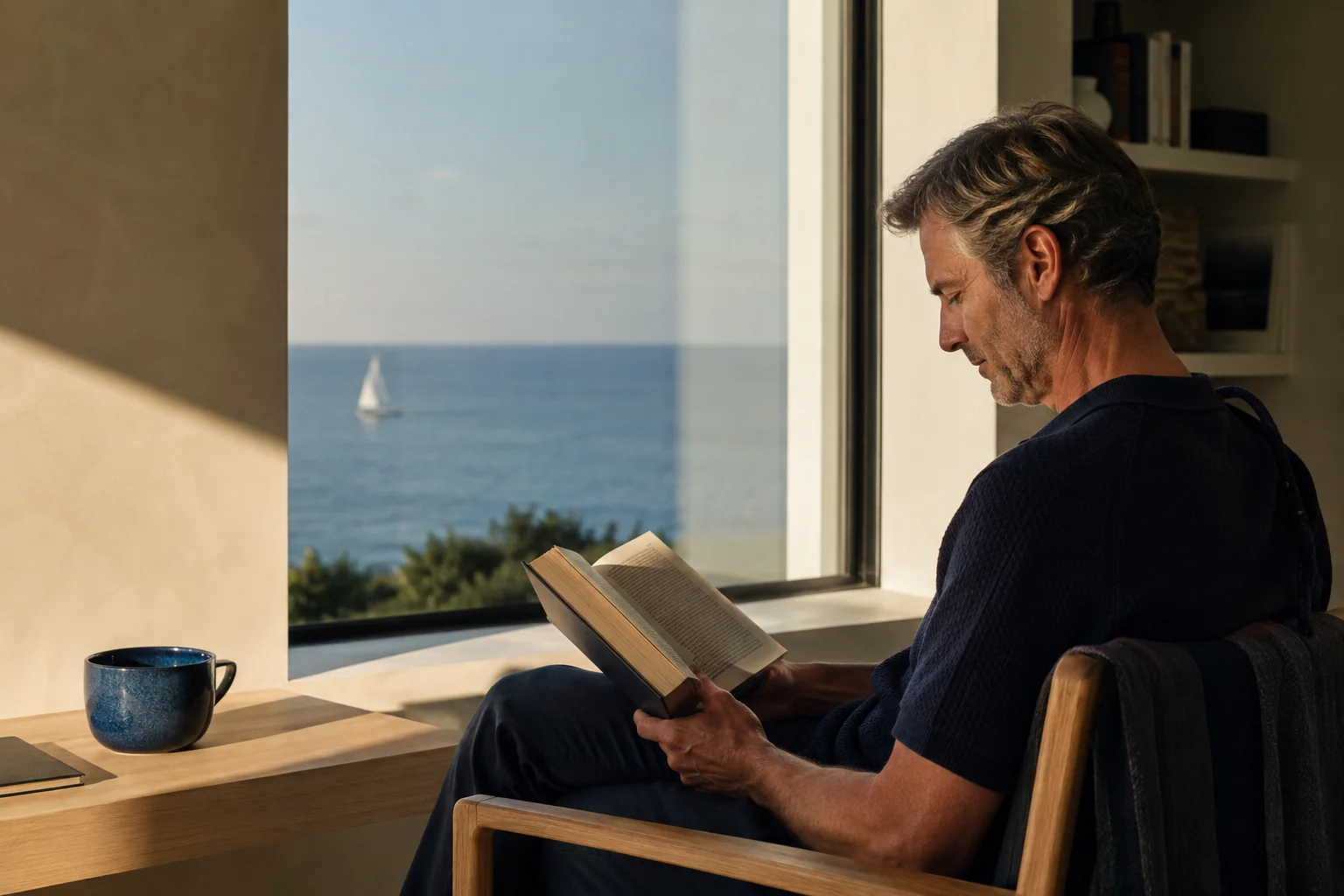 Adult man reading beside a coastal window in warm afternoon light