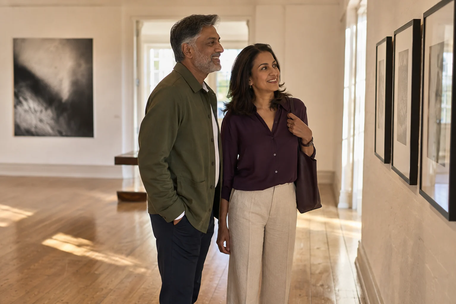 An adult couple enjoying photographic prints in a sunlit art gallery