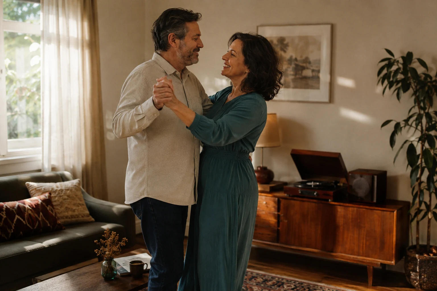 Mature couple enjoying a relaxed dance in a sunlit living room