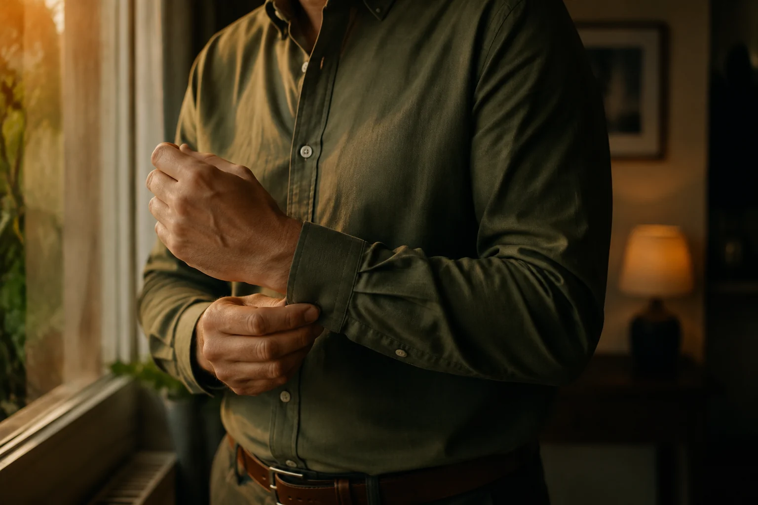 A man fastening the cuff of an olive shirt beside a sunlit window