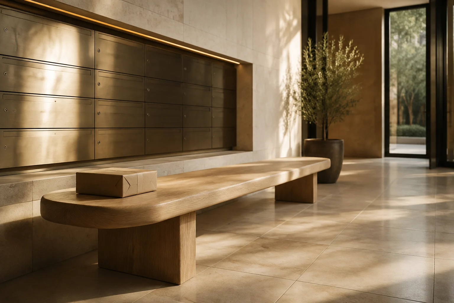 An unbranded parcel on an oak bench in a quiet sunlit apartment lobby