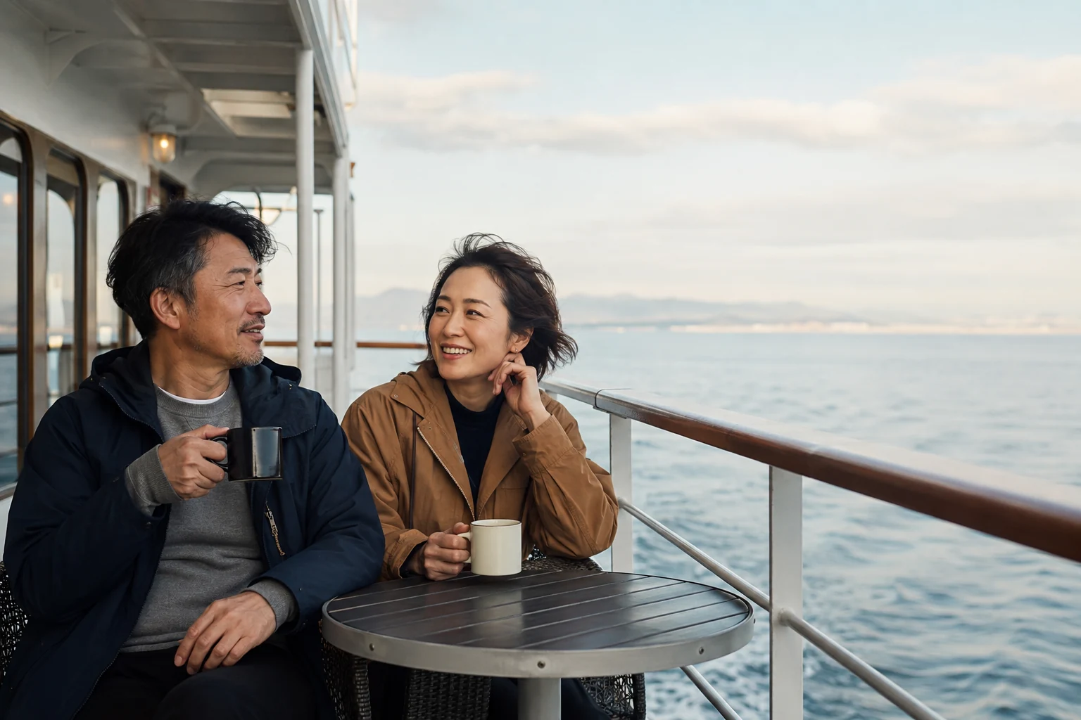 Couple sharing coffee and a relaxed conversation on a ferry deck