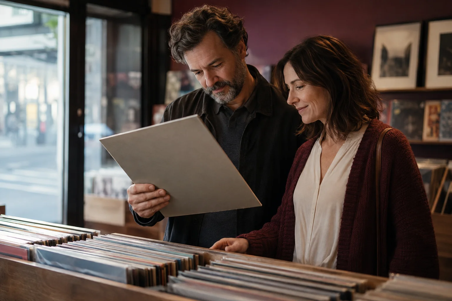 Adult couple browsing records together in a warmly lit independent music shop