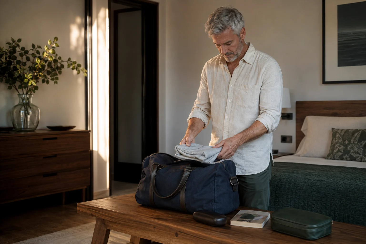 A man folding a shirt into a weekend bag in a sunlit bedroom