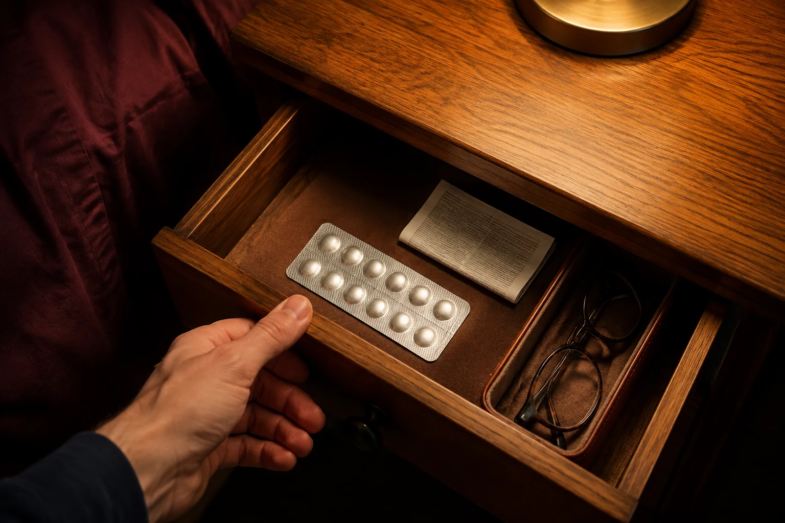 Hand opening a walnut bedside drawer containing a sealed medicine blister and folded leaflet