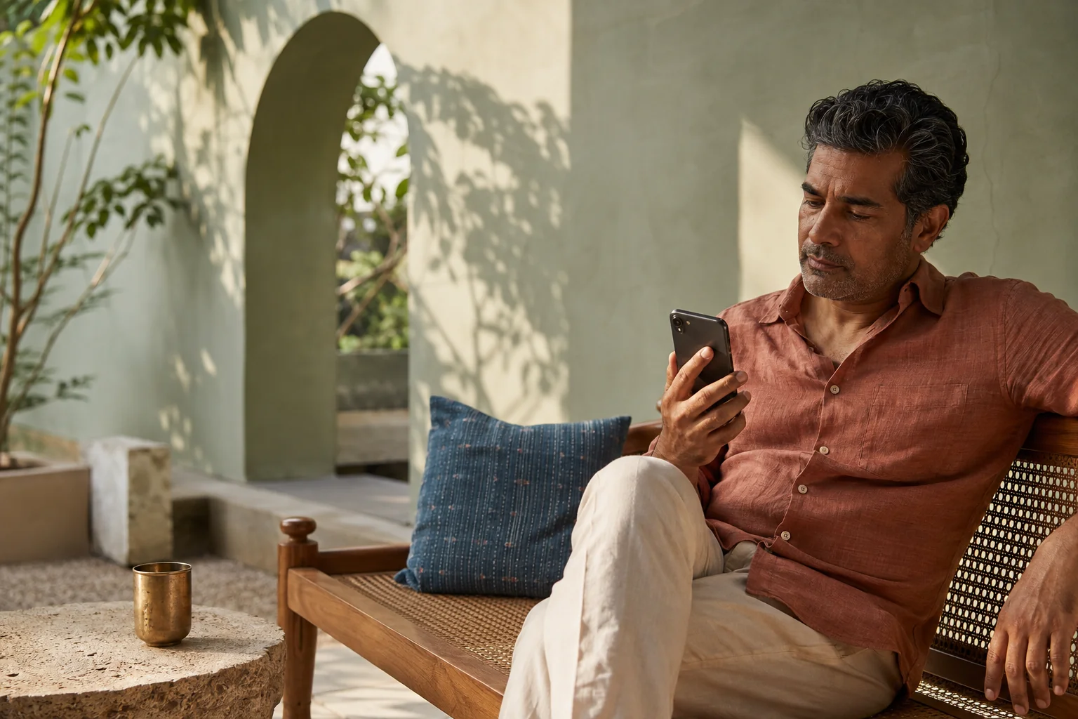 A man considering a purchase on his phone while sitting in a sunlit Indian courtyard