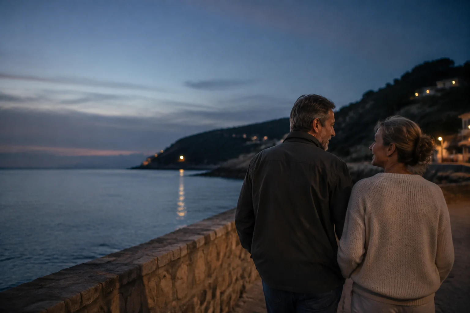 An adult couple walking beside a quiet waterfront at dusk