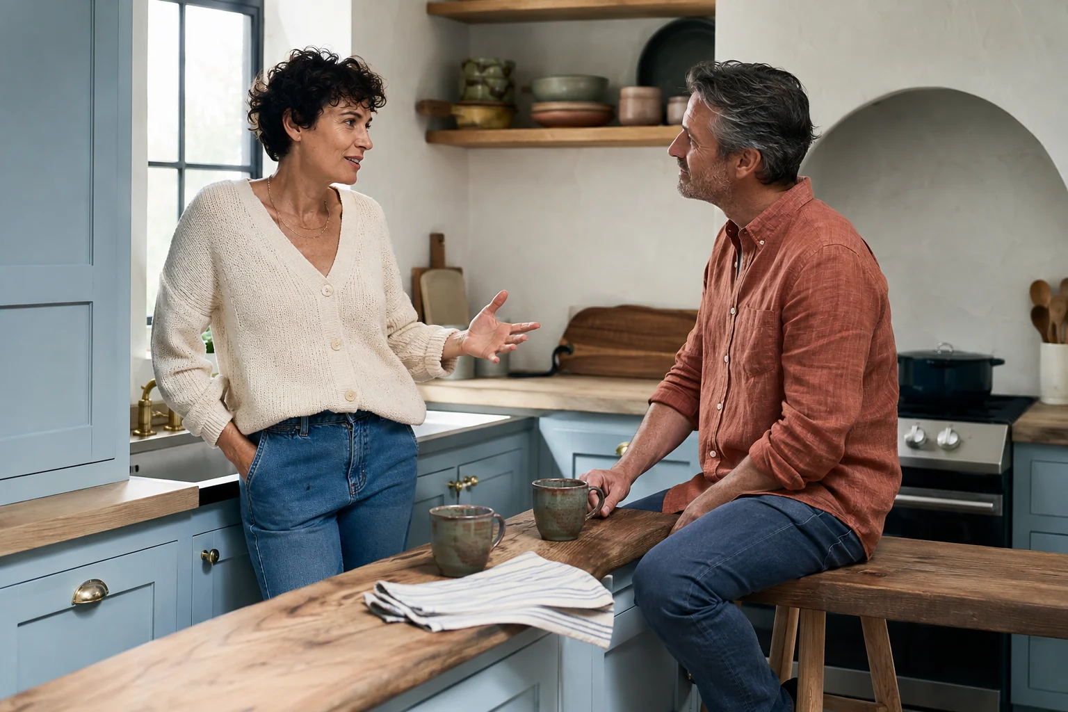 Mature couple having an attentive conversation at a kitchen island