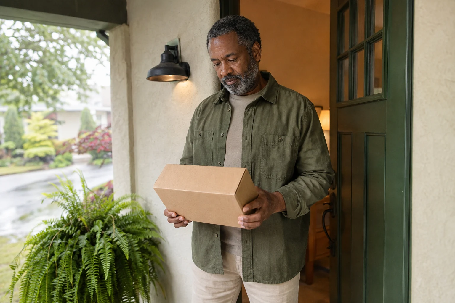 Man receiving a parcel at the doorway of his home