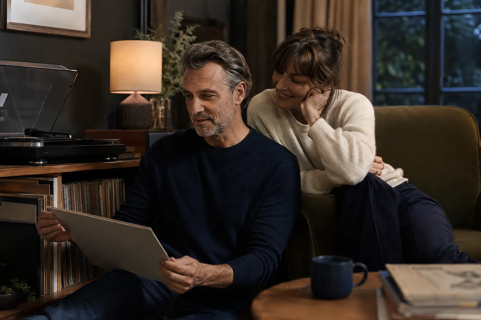 A middle-aged couple choosing a vinyl record together in a softly lit living room