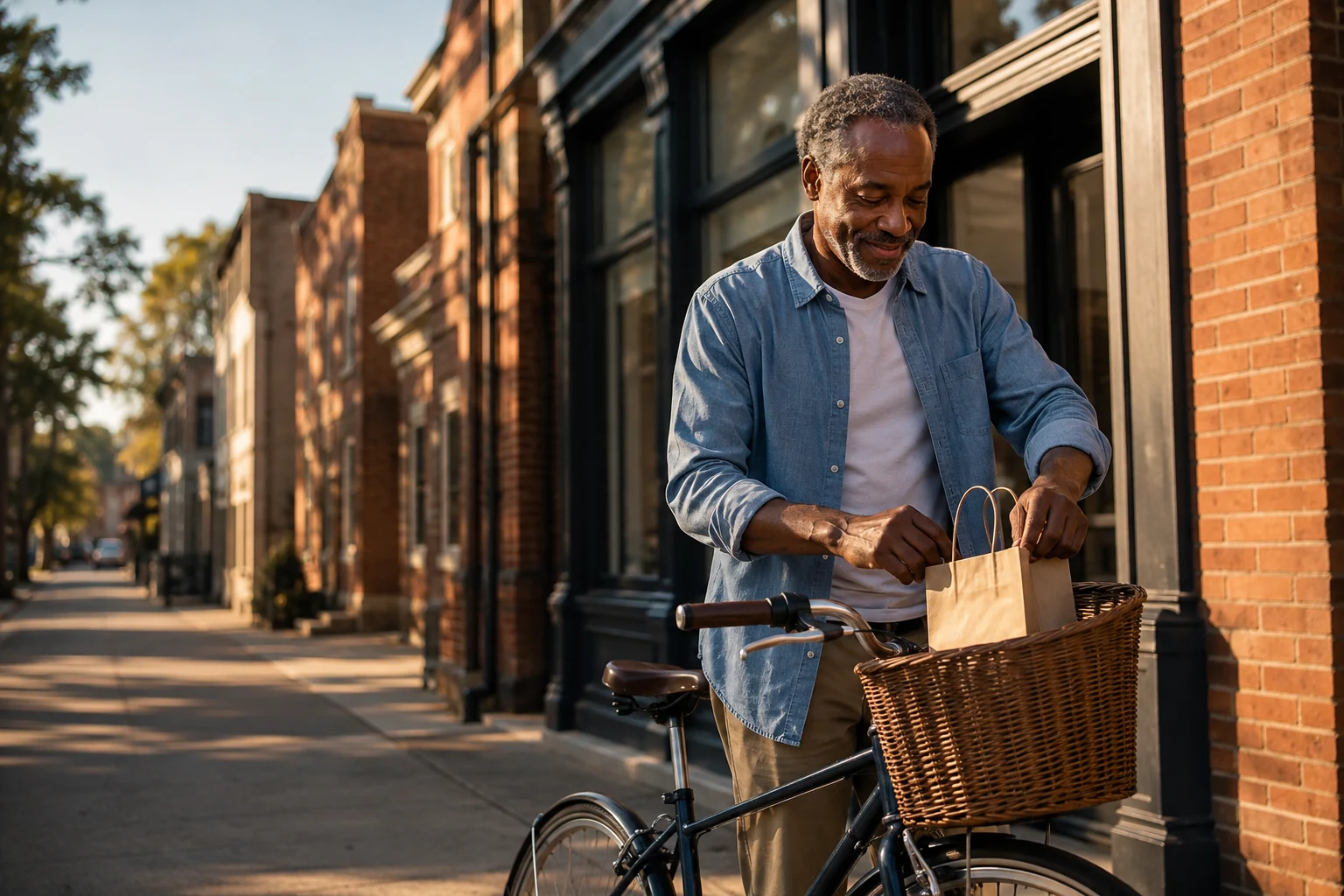 Mature man placing a shopping bag in his bicycle basket on a sunlit neighborhood street