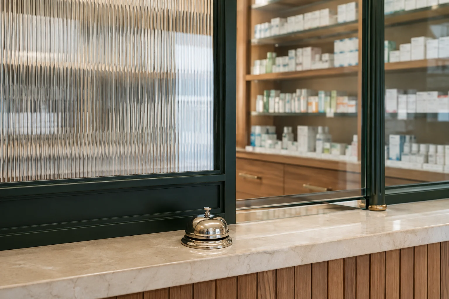 A pharmacy service counter with a frosted glass privacy partition