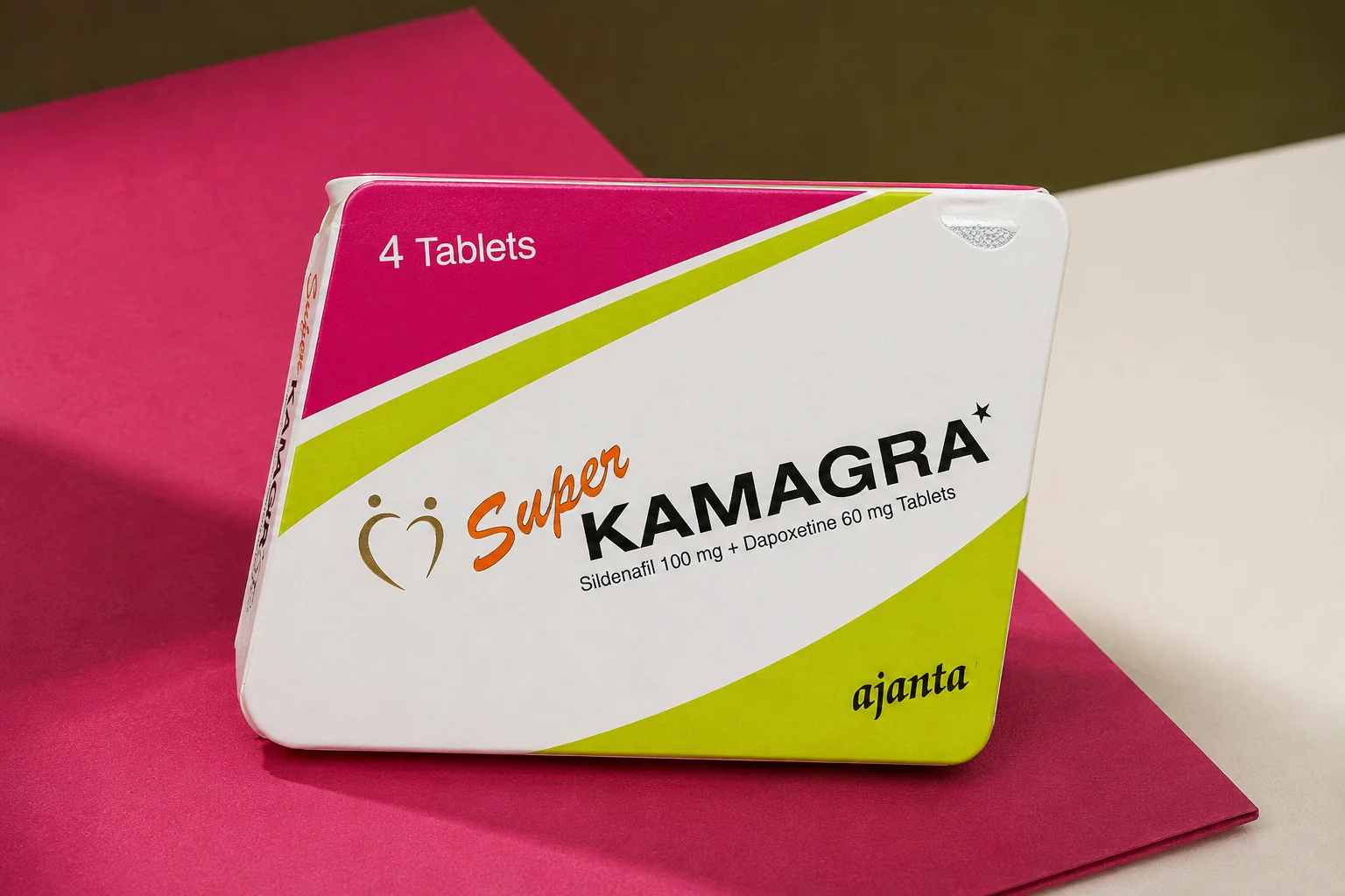 Super Kamagra carton showing sildenafil 100 mg plus dapoxetine 60 mg on a magenta display sheet