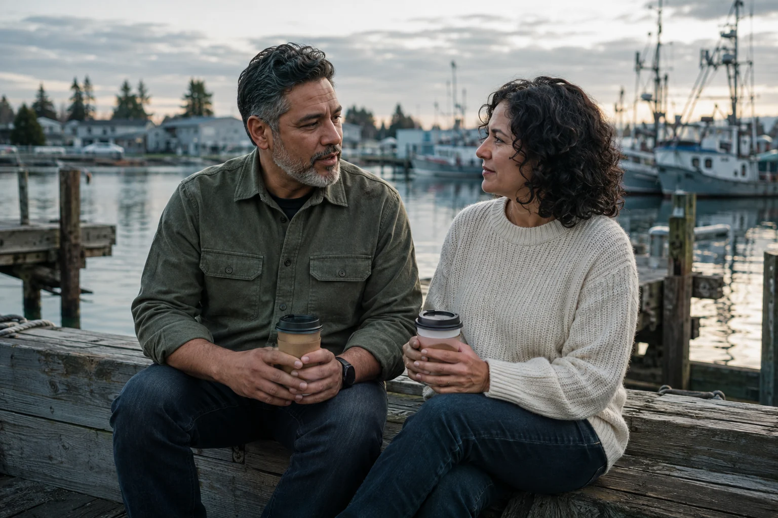 A couple talking over coffee on a wooden bench beside a quiet marina