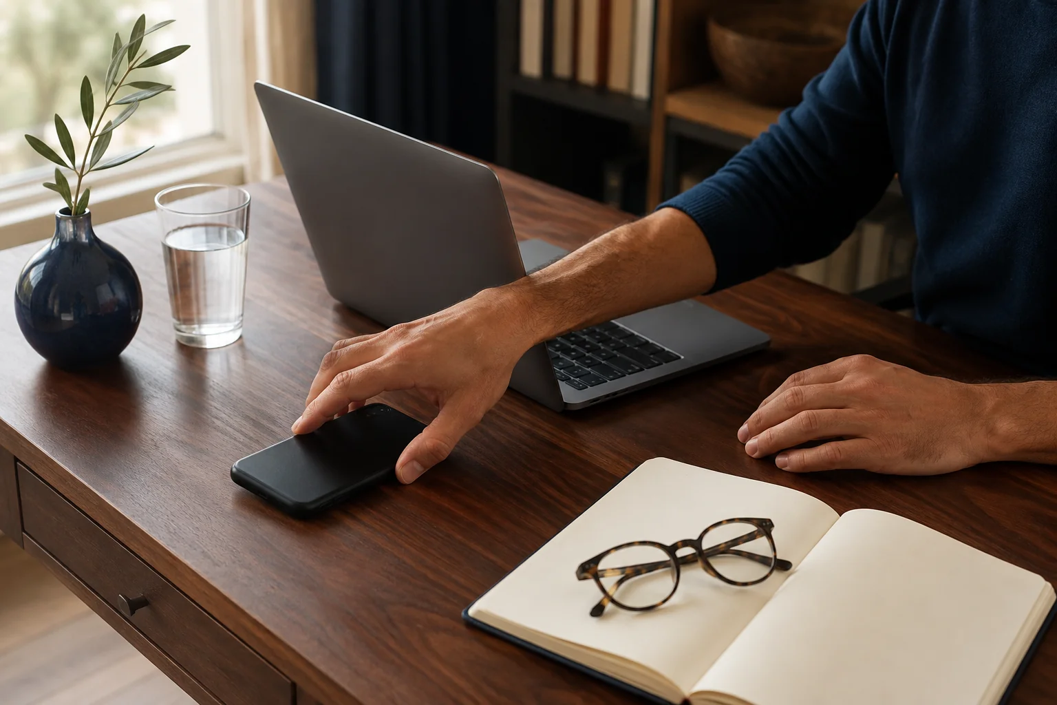 A man setting his phone beside a laptop and notebook before a private online consultation