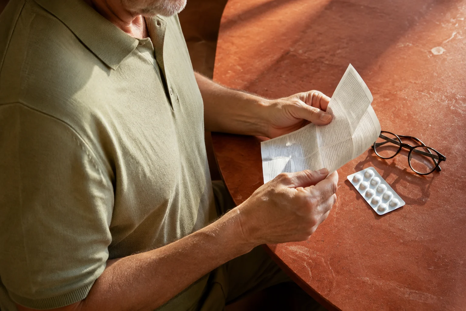 A man unfolding a medicine leaflet beside an intact blister and reading glasses