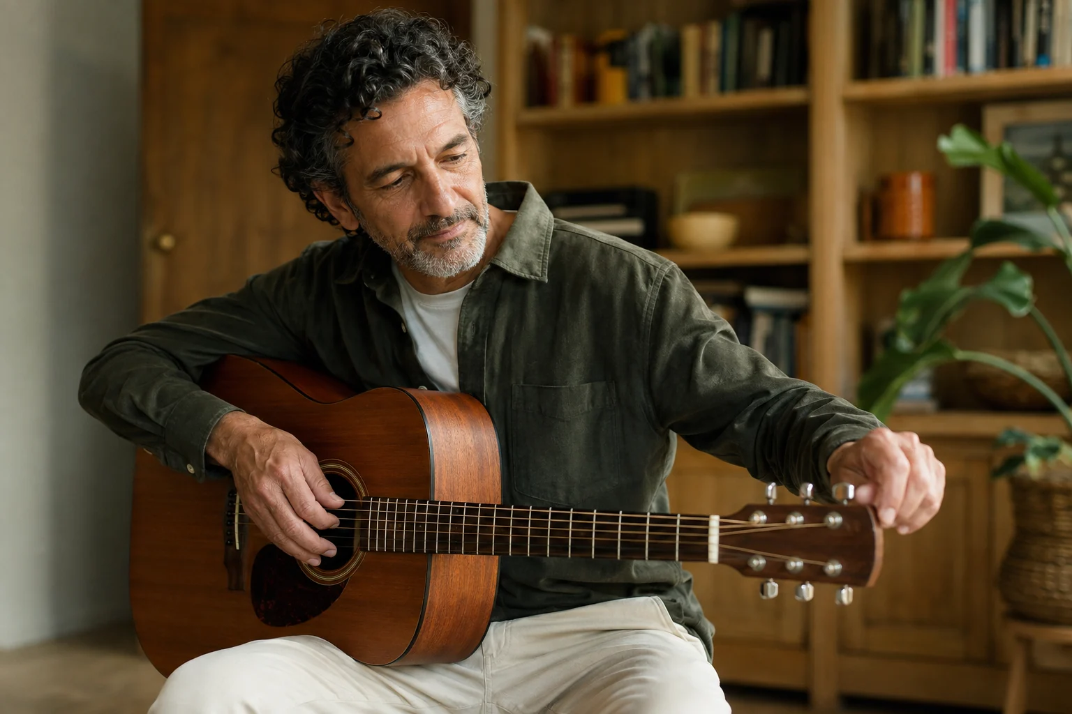 A mature man tuning an acoustic guitar in a warmly lit home music room