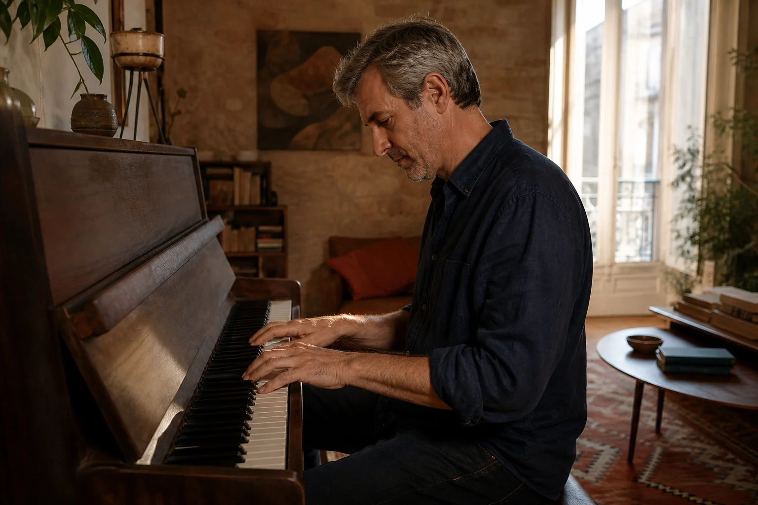 A mature man playing an upright piano in a sunlit room