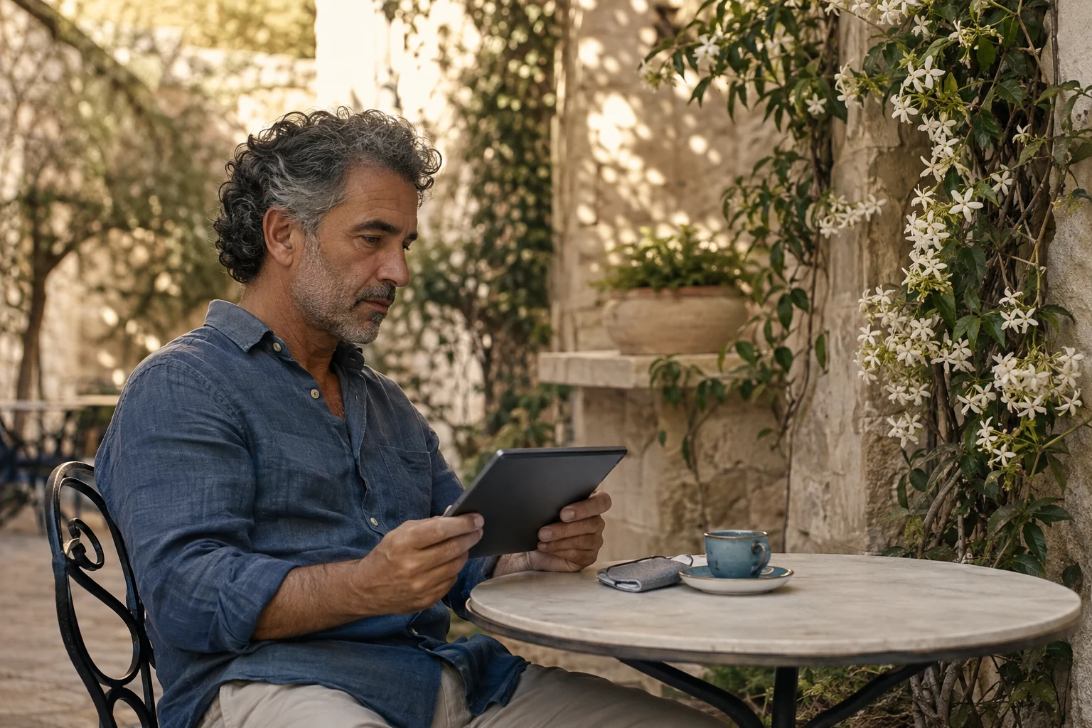 Mature man thoughtfully reading a tablet at a quiet courtyard café