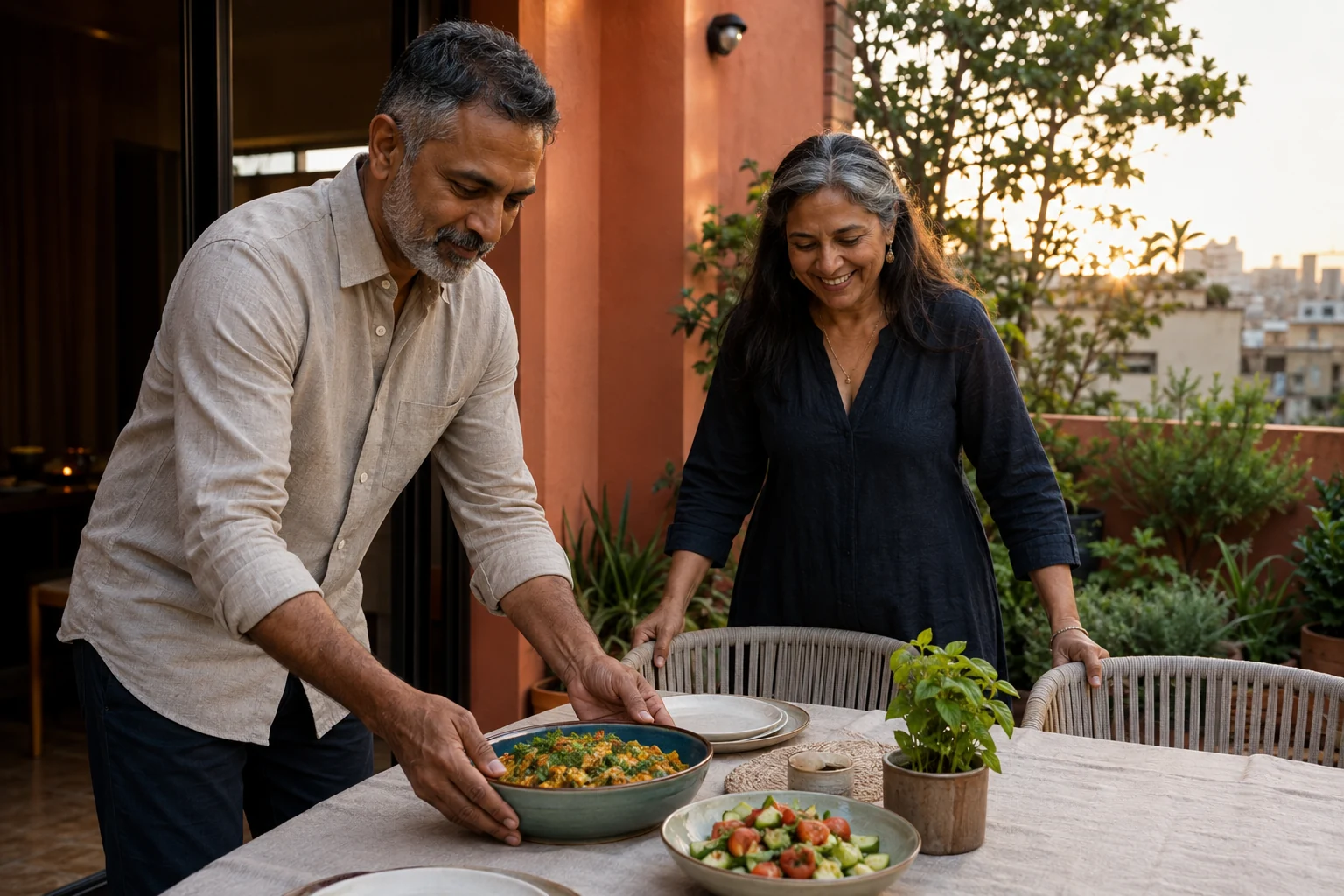 An adult couple preparing an evening meal together on a terrace