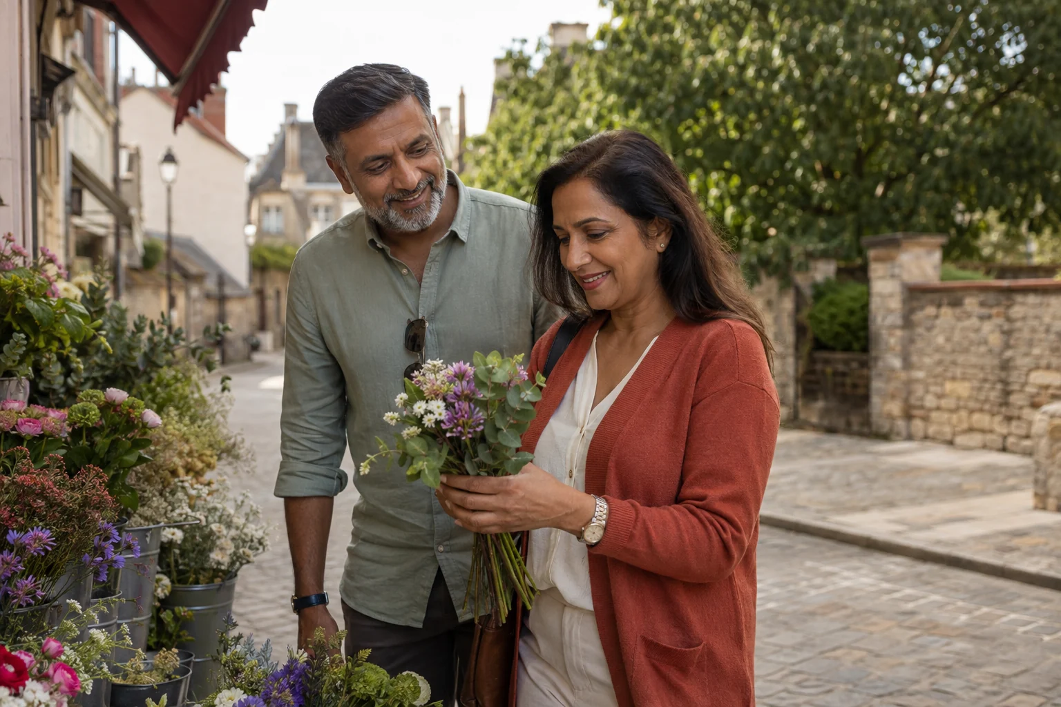 Mature couple choosing a bouquet together at an outdoor flower stall