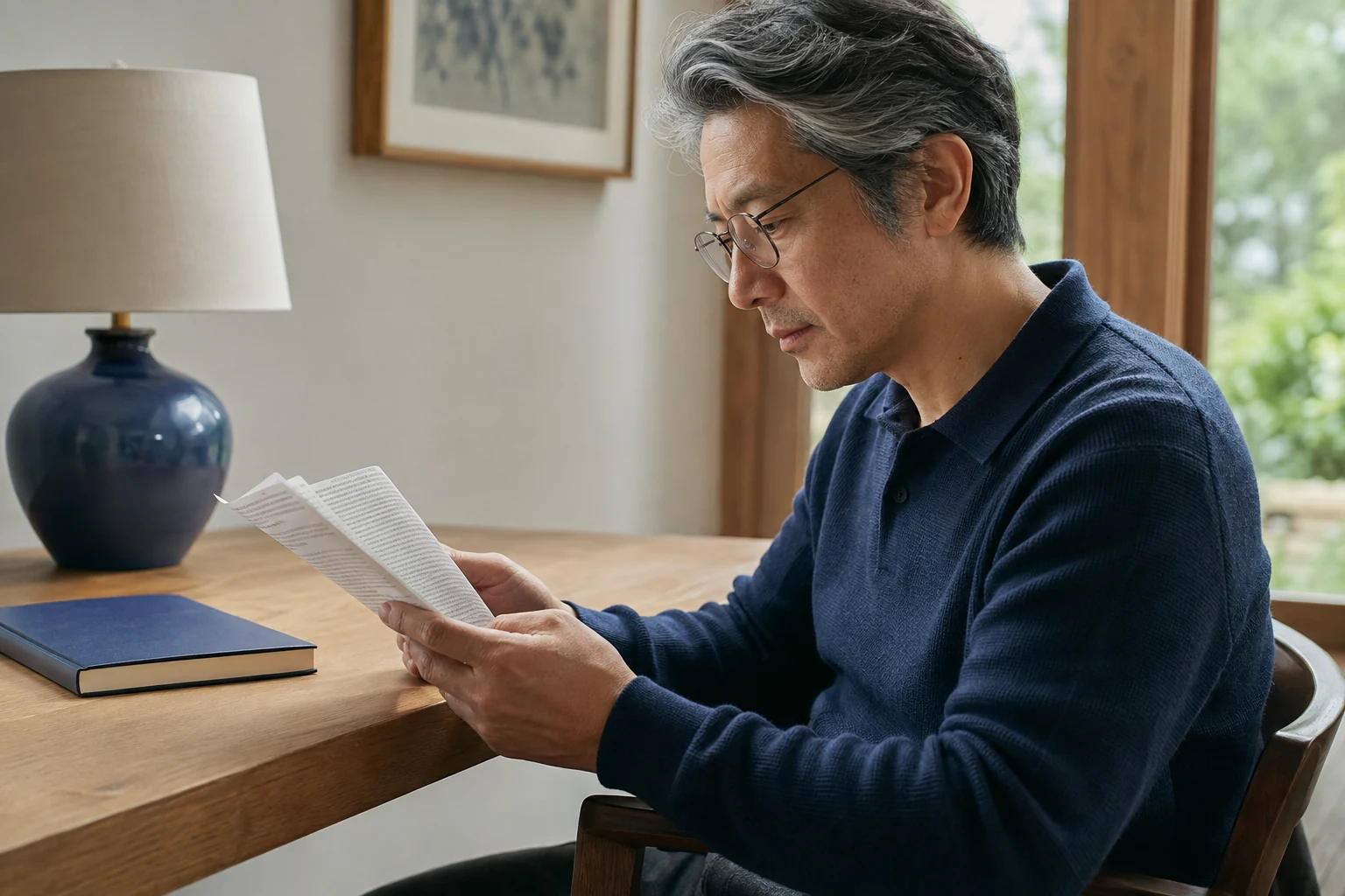 Man reading a folded medicine leaflet beside a bright window at an oak desk