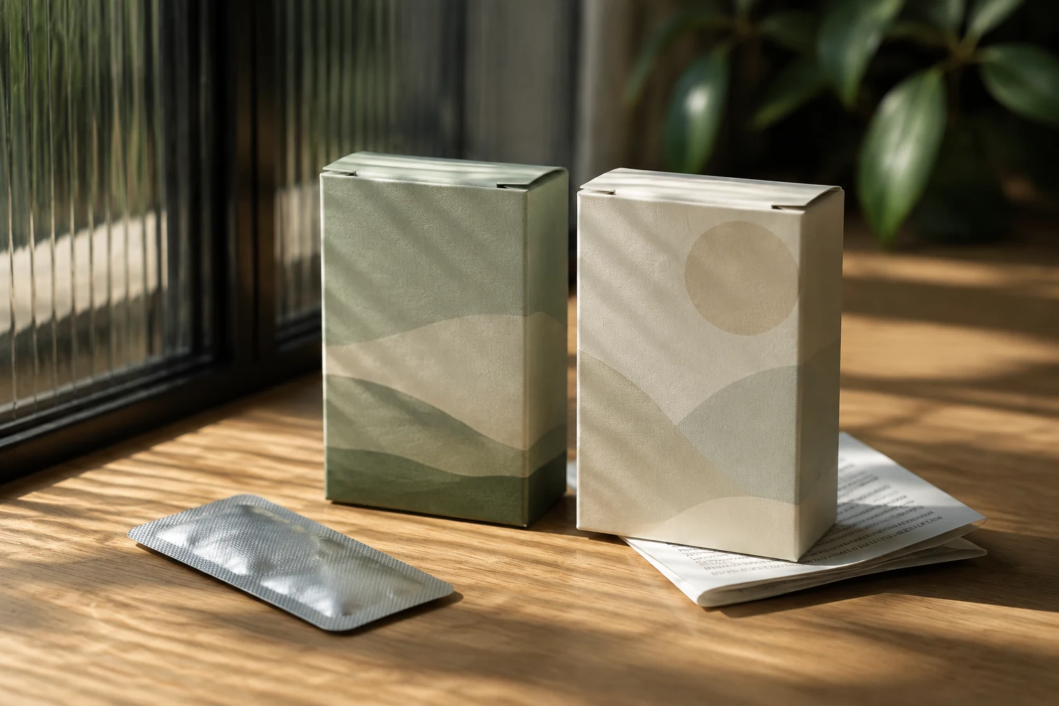 Two differently coloured unbranded medicine cartons beside a sealed blister and folded leaflet