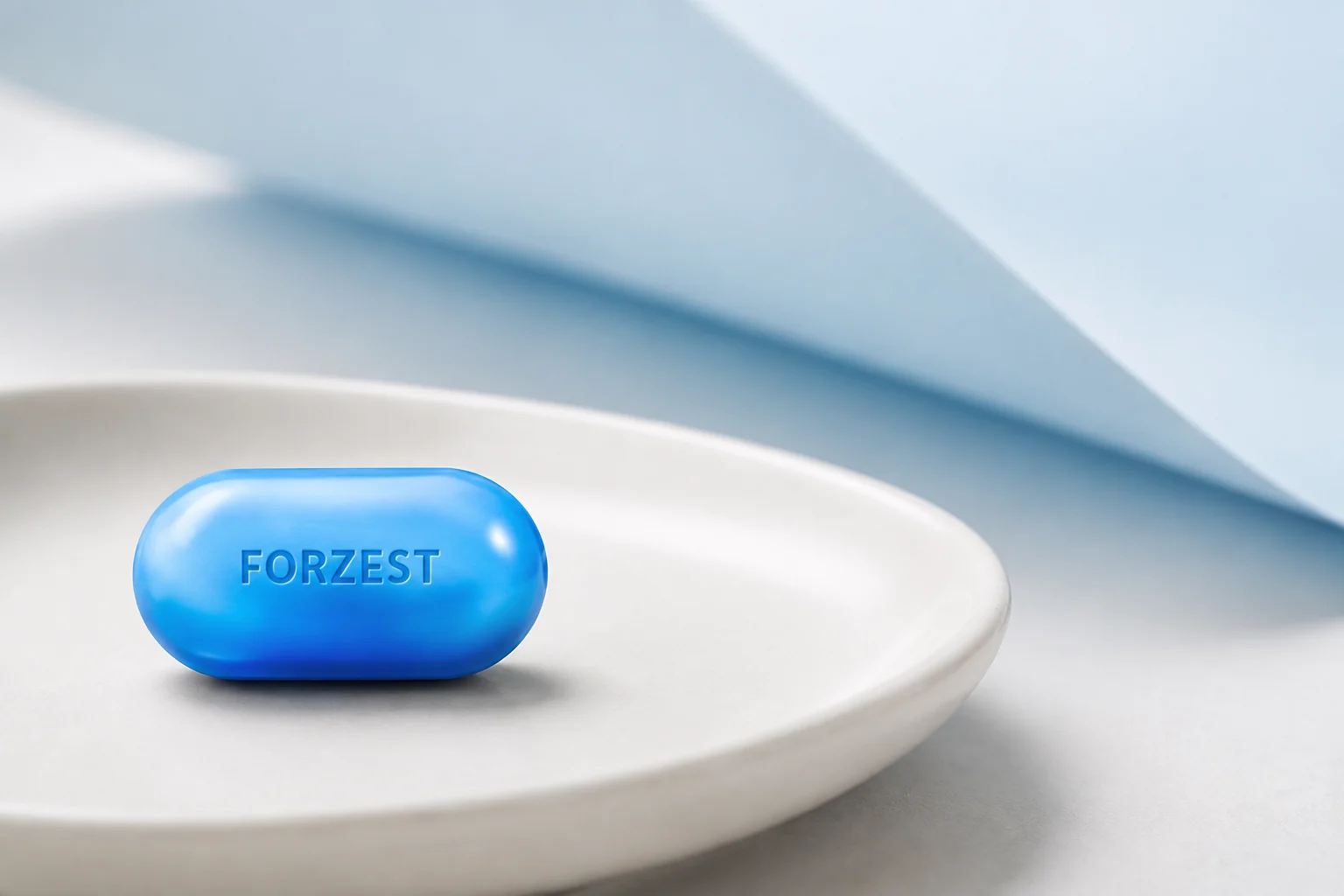 Reference-based illustration of a blue oval tablet marked FORZEST