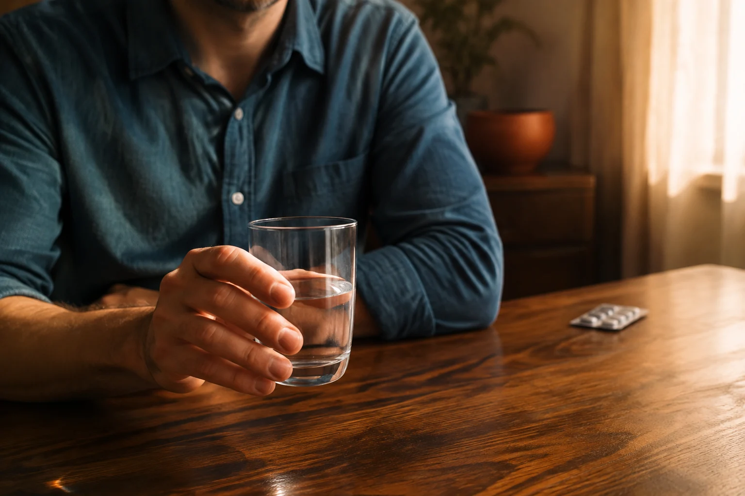 An adult holding a glass of water beside a sealed unlabelled blister pack on a dining table