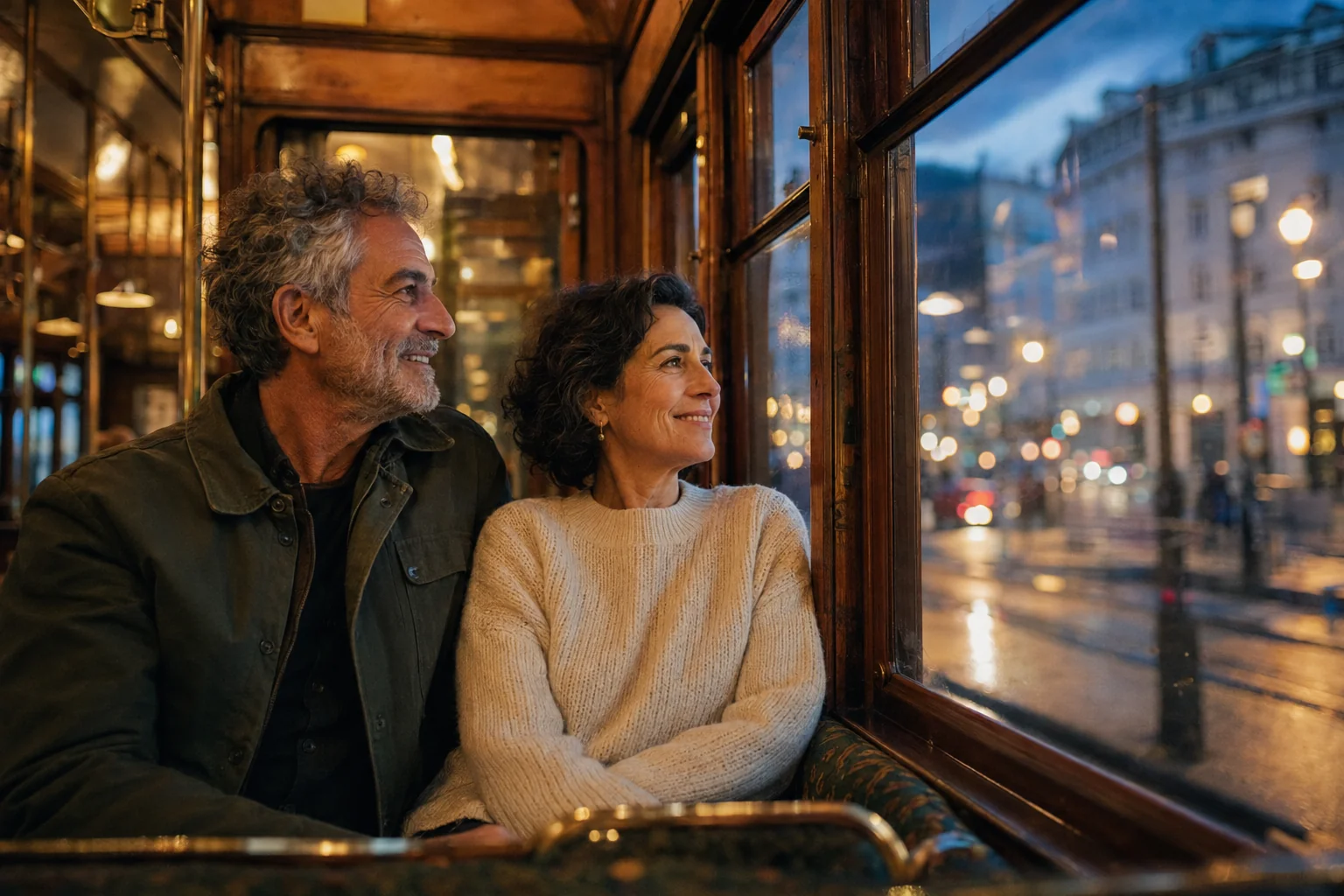 An adult couple enjoying the evening city view from a vintage tram