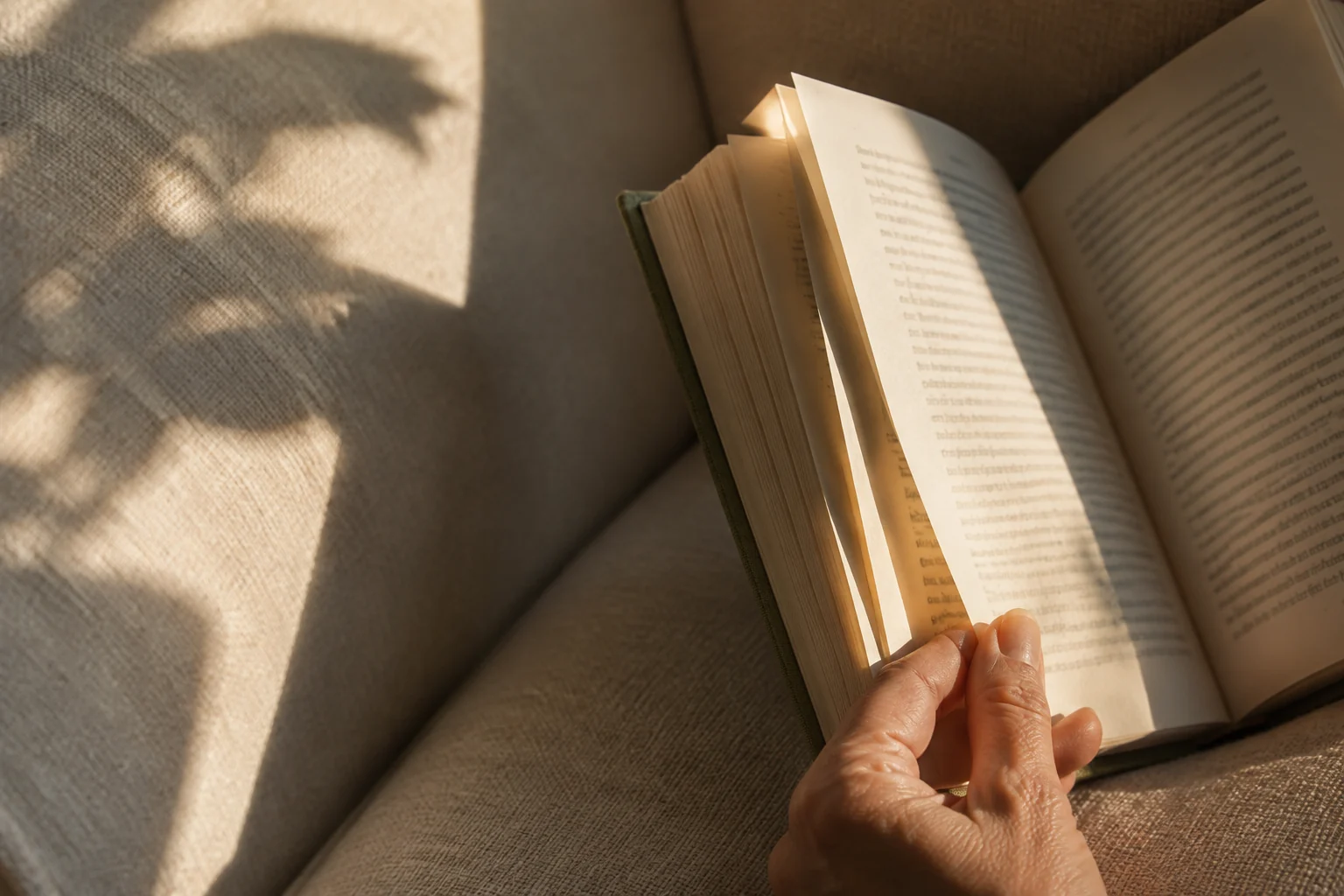 Close-up of a hand turning a book page in warm afternoon light.
