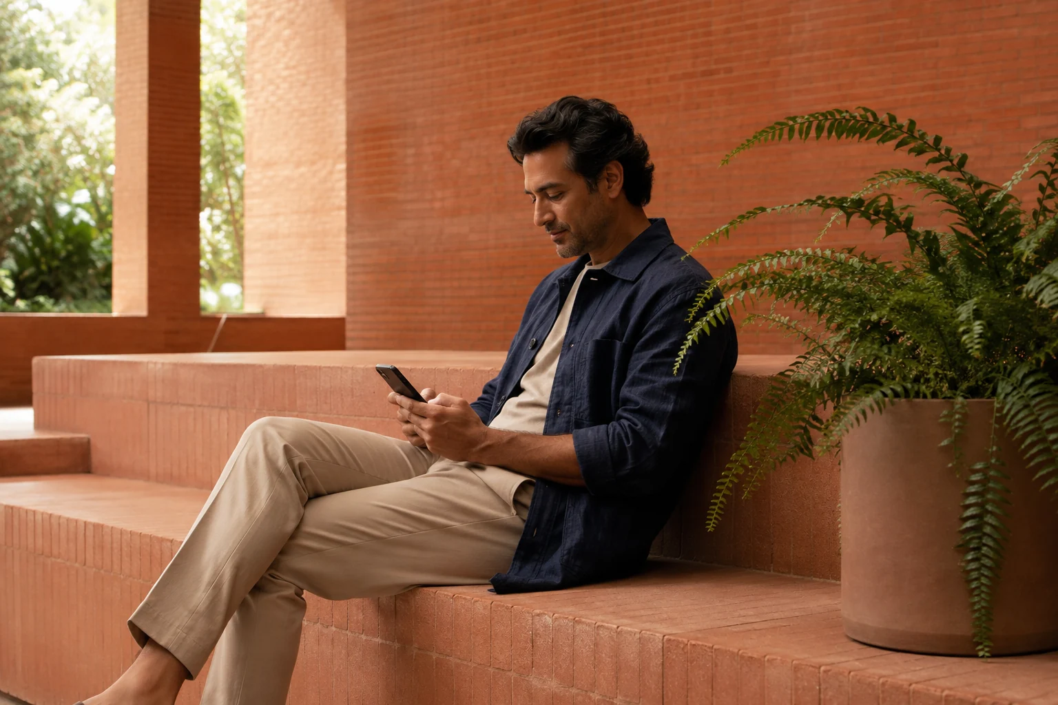 Adult man considering information on his phone in a quiet terracotta courtyard