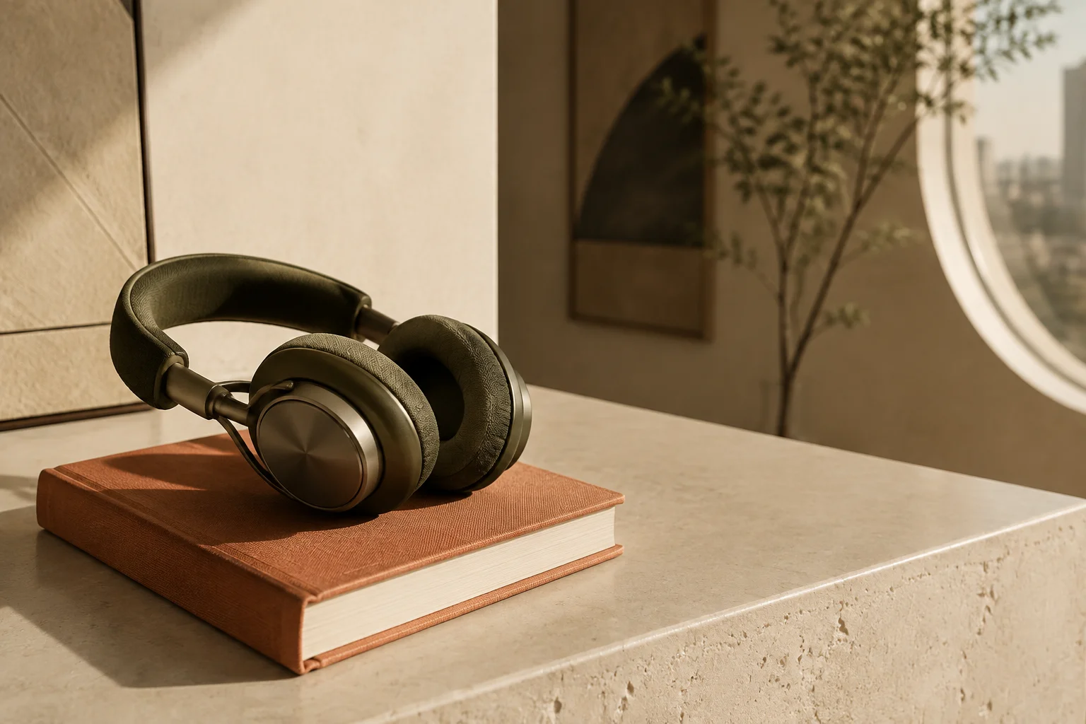 Olive headphones resting on a clothbound book in warm window light