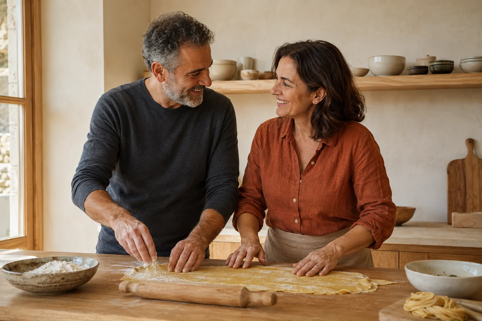Mature couple making fresh pasta together in a bright kitchen