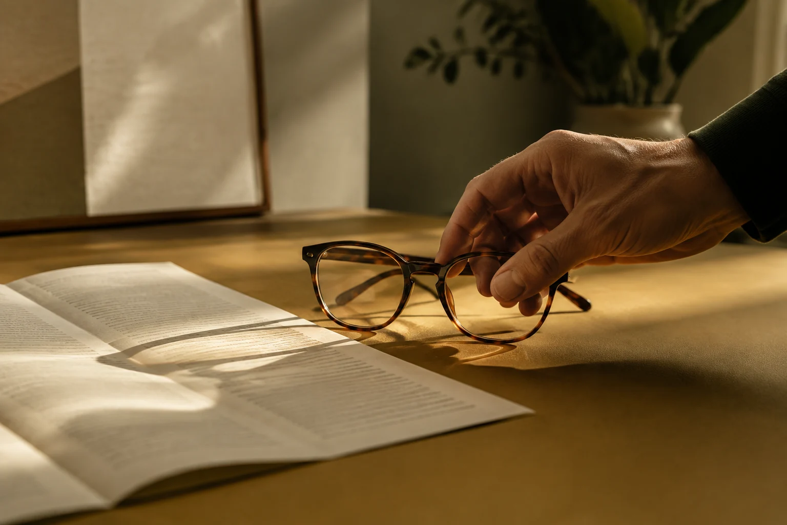 A hand reaching for reading glasses beside a folded leaflet in warm afternoon light