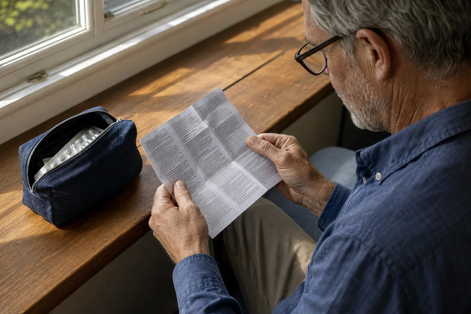 Man reading a medicine leaflet beside a window before packing a travel pouch