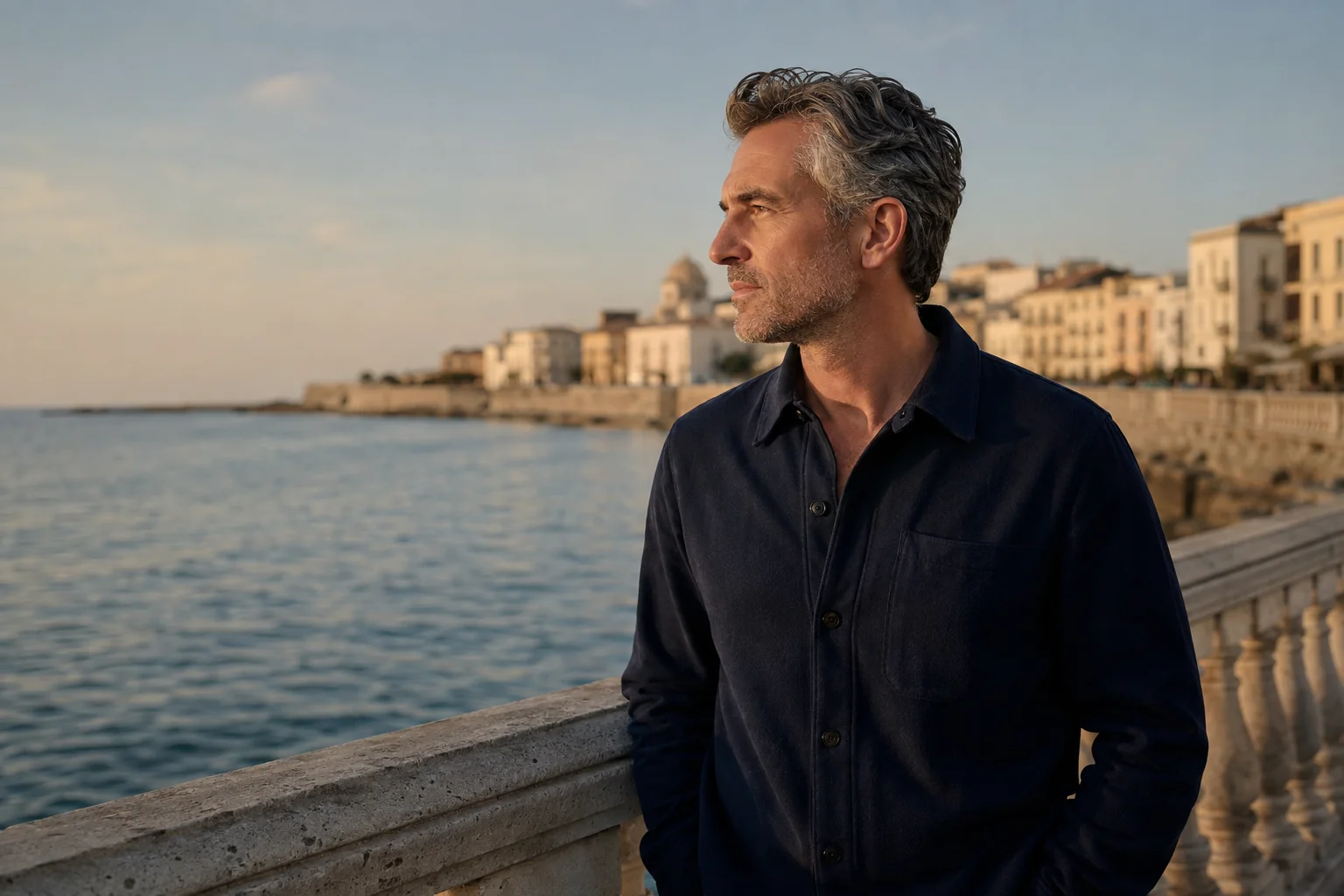 Man in a navy overshirt looking across the water from a coastal promenade