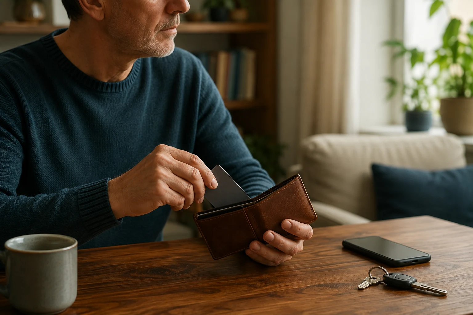A man holding a leather wallet and an unbranded payment card beside a phone and keys