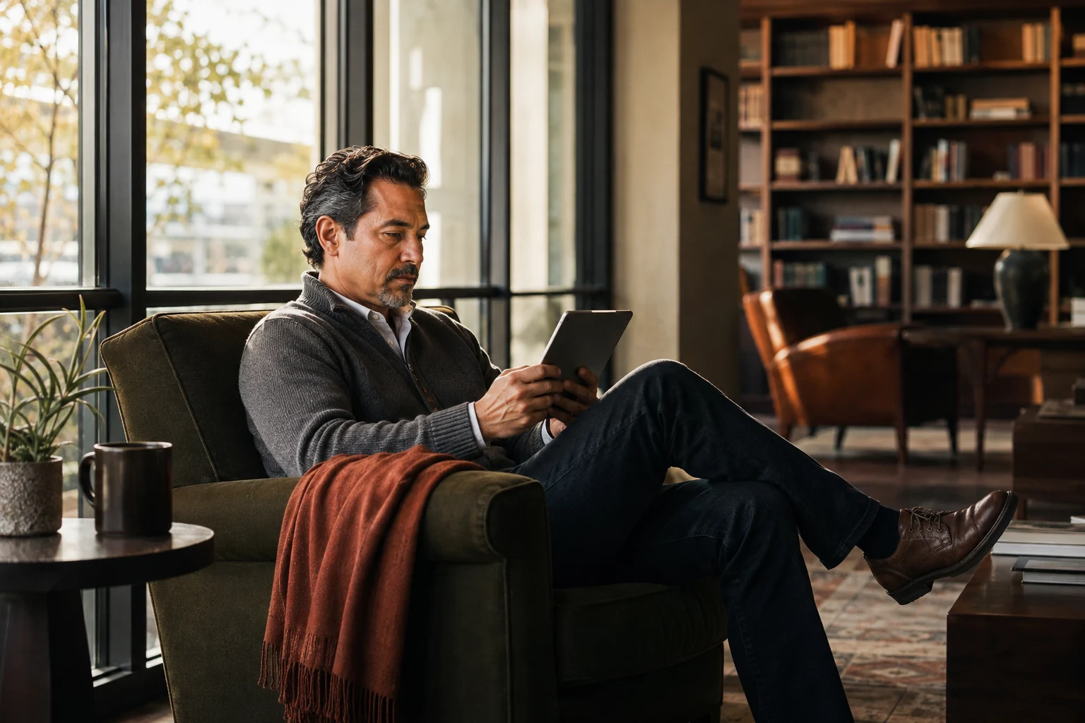 Man reading on a tablet in a quiet sunlit library lounge