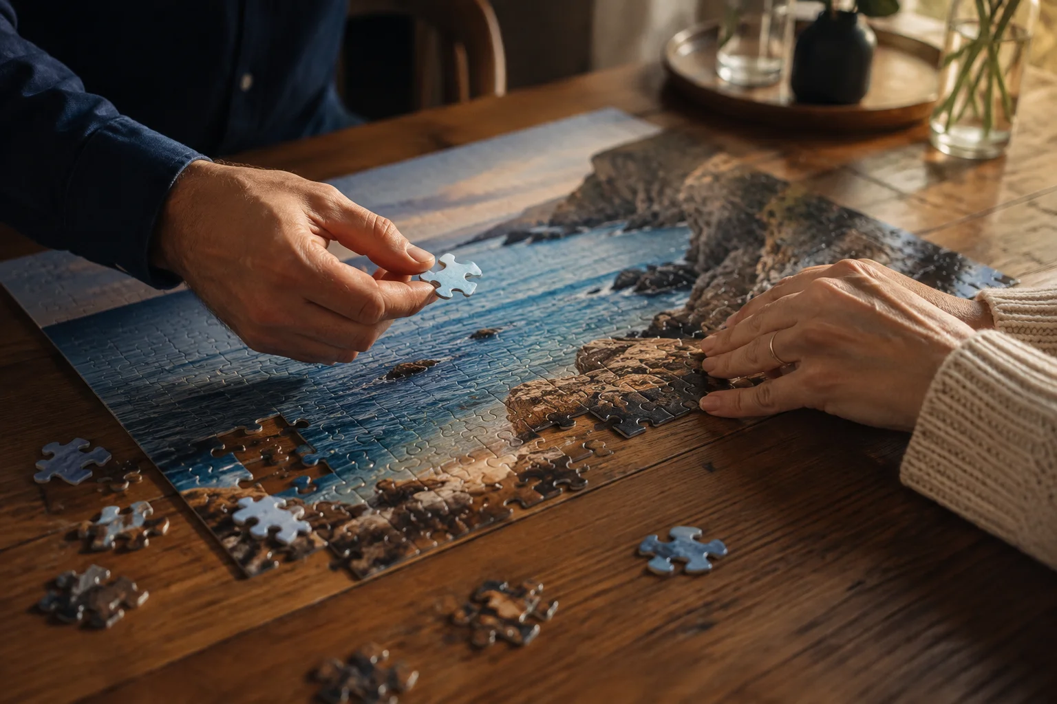 Two adults fitting a piece into a coastal landscape puzzle at a wooden table