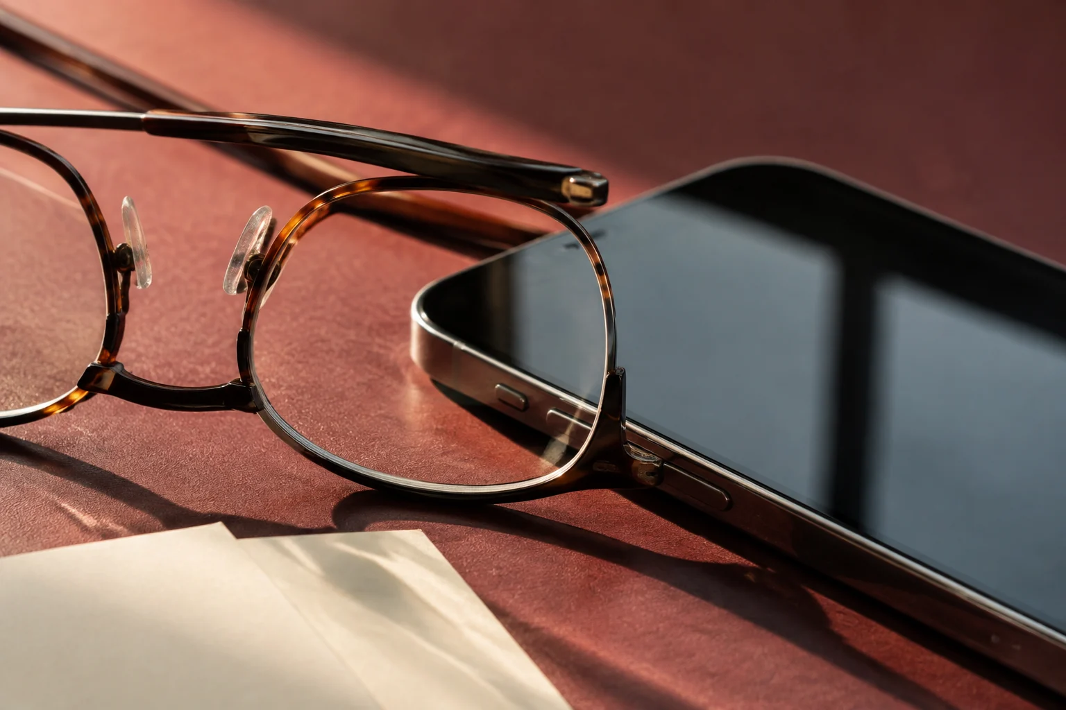 Reading glasses beside a dark smartphone screen on a burgundy surface